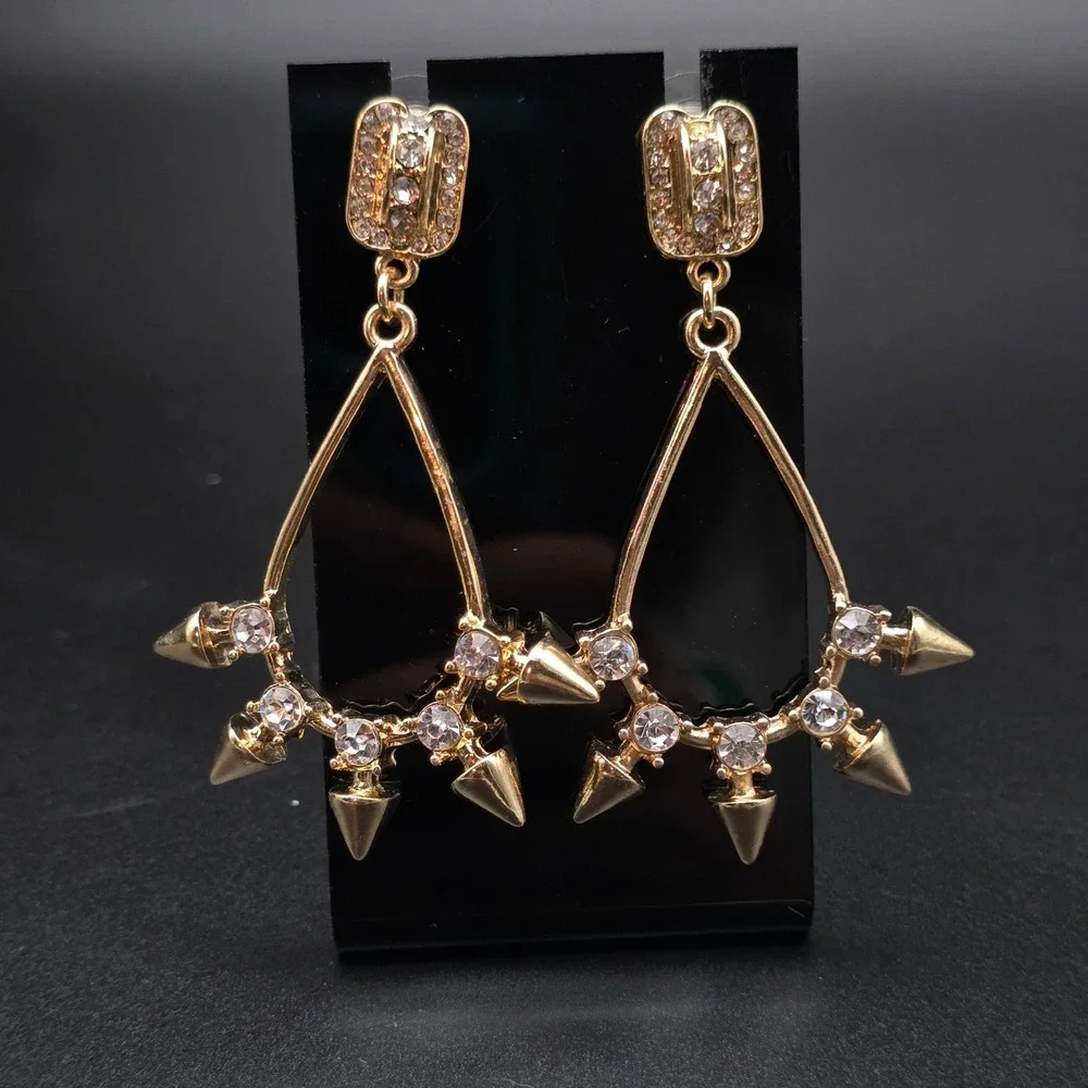 Gold Tone Rhinestone Studded Spike Hoop Earrings Pierced Edgy Punk